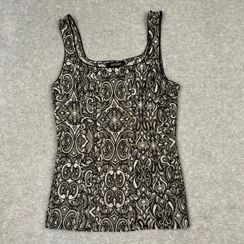 White House Black Market Tank Top Women S Black White Damask Jacquard Scoop Neck